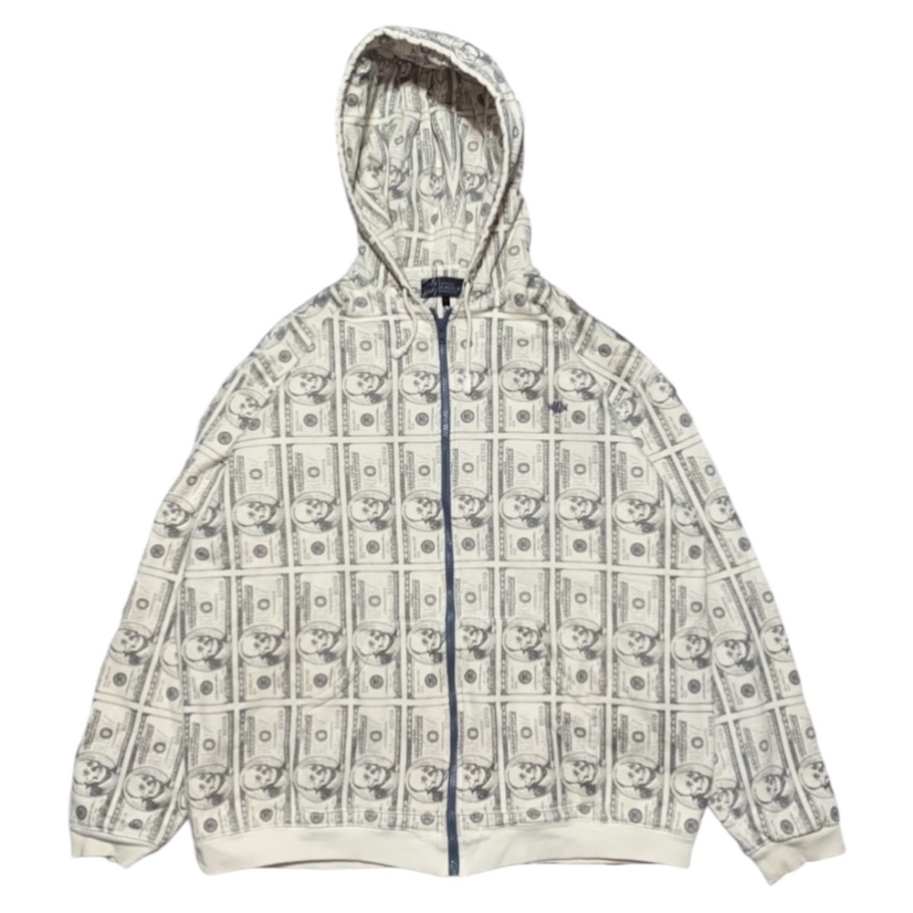 Money cash skull grey gray recon NY pullover hoodie jacket vintage retro 2XL (C)